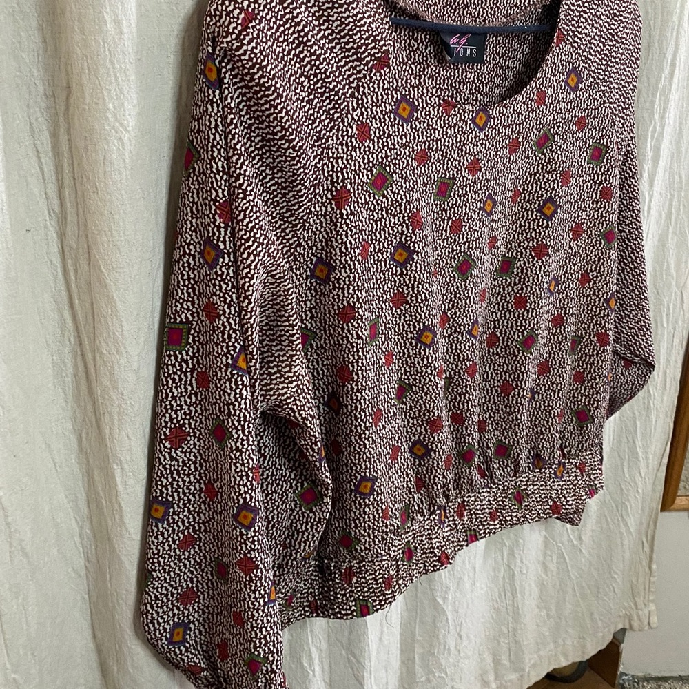 Vintage 80s Long Sleeve Brown with Jewel Tone Pattern Blouse + Shoulder Pads - Picture 5 of 15